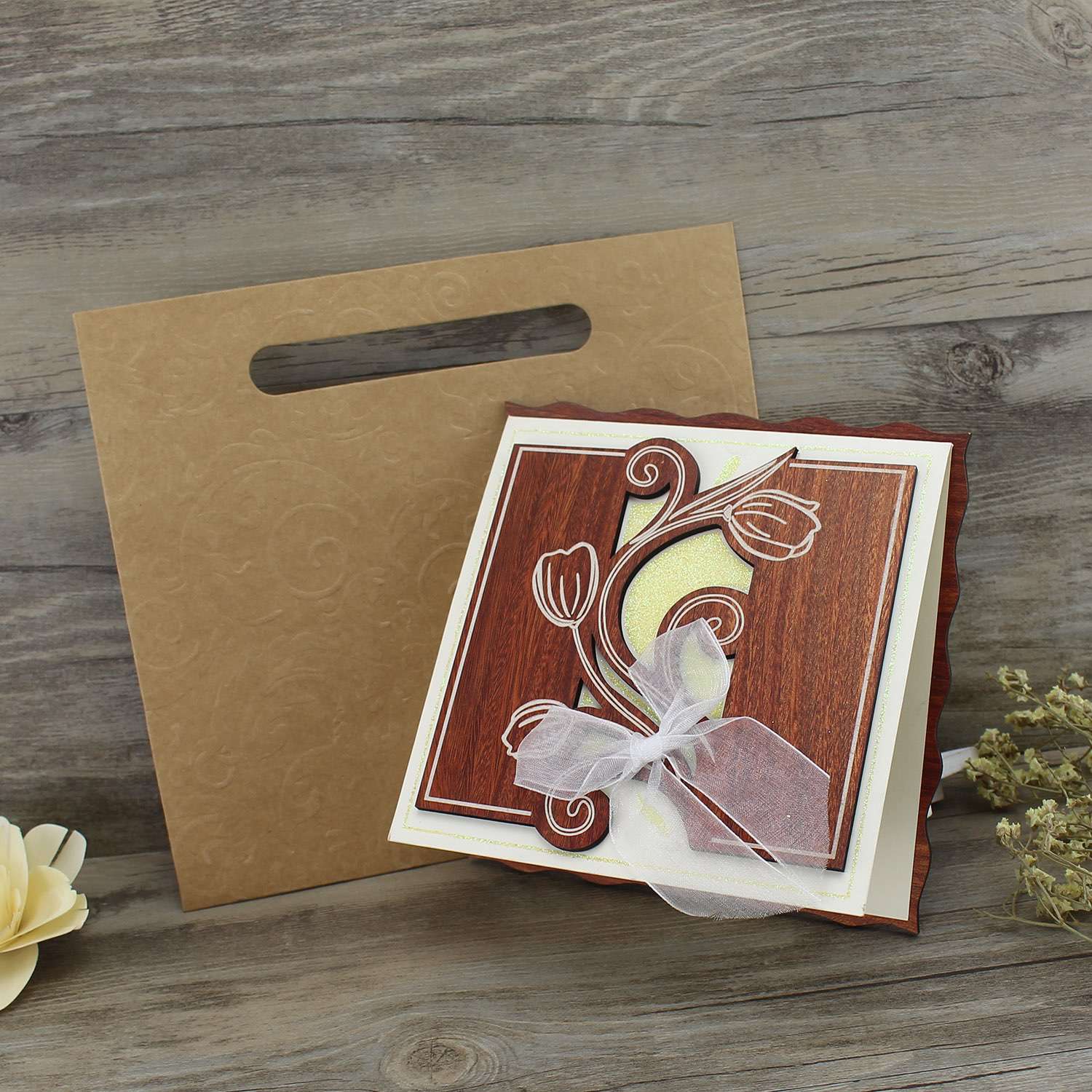 Square Wooden Invitation Card With Lace Butterfly Bow Delicate Invitation Customized